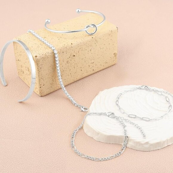 Silver-B Plated Bangle Cuff Non Tarnish Trendy Stack Bracelets for Women - Picture 6 of 6